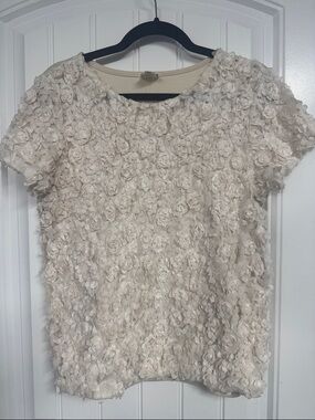 Anthropologie Cream Floral Appliqué Short Sleeve Top